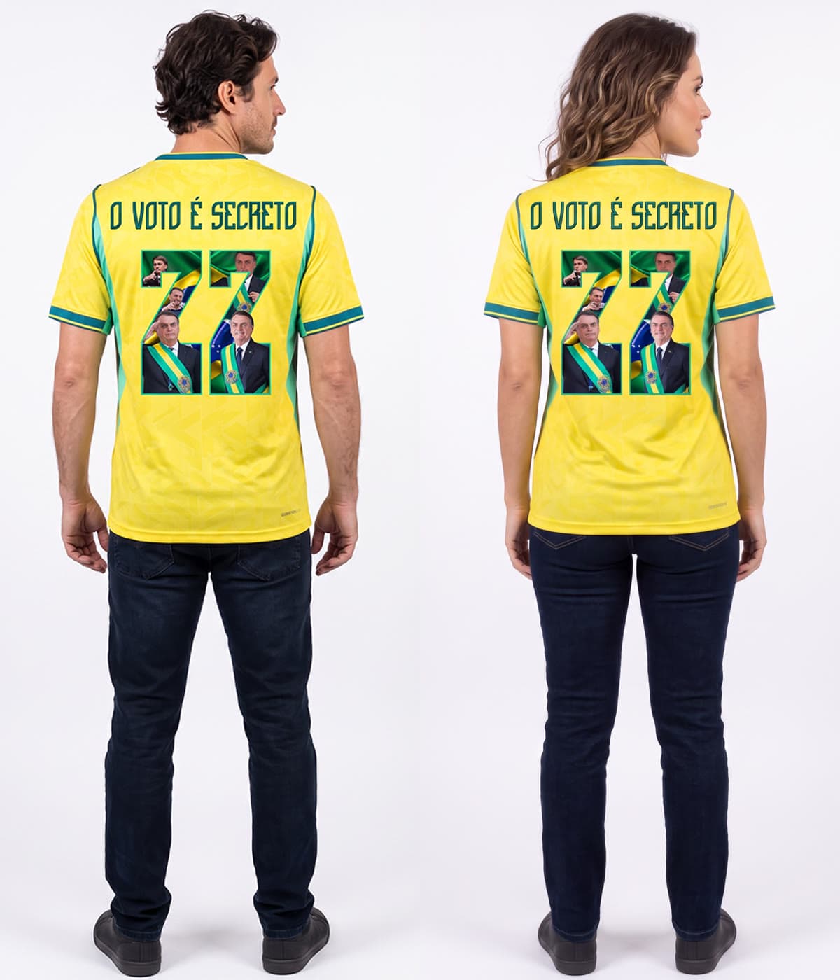 Casal de costas vestindo as camisas masculina e feminina com o número 22